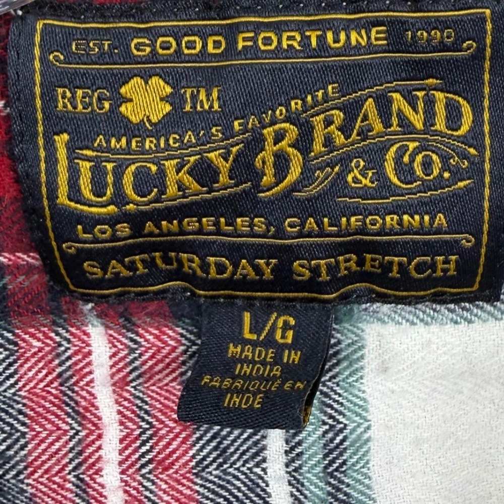 Lucky Brand Flannel Shirt Mens L Red White Plaid Saturday Stretch Long Sleeve - Picture 3 of 9